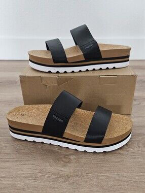 Yozuru Black Doubke Strap Cork Platform Slide Sandals Size 9.5